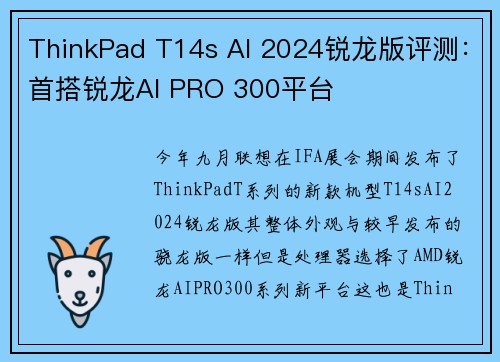 ThinkPad T14s AI 2024锐龙版评测：首搭锐龙AI PRO 300平台