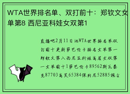 WTA世界排名单、双打前十：郑钦文女单第8 西尼亚科娃女双第1