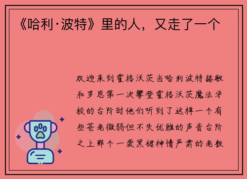 《哈利·波特》里的人，又走了一个