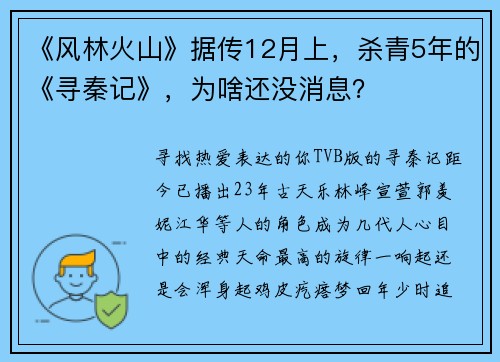 《风林火山》据传12月上，杀青5年的《寻秦记》，为啥还没消息？