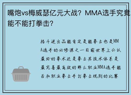 嘴炮vs梅威瑟亿元大战？MMA选手究竟能不能打拳击？