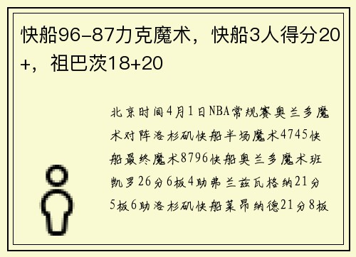 快船96-87力克魔术，快船3人得分20+，祖巴茨18+20